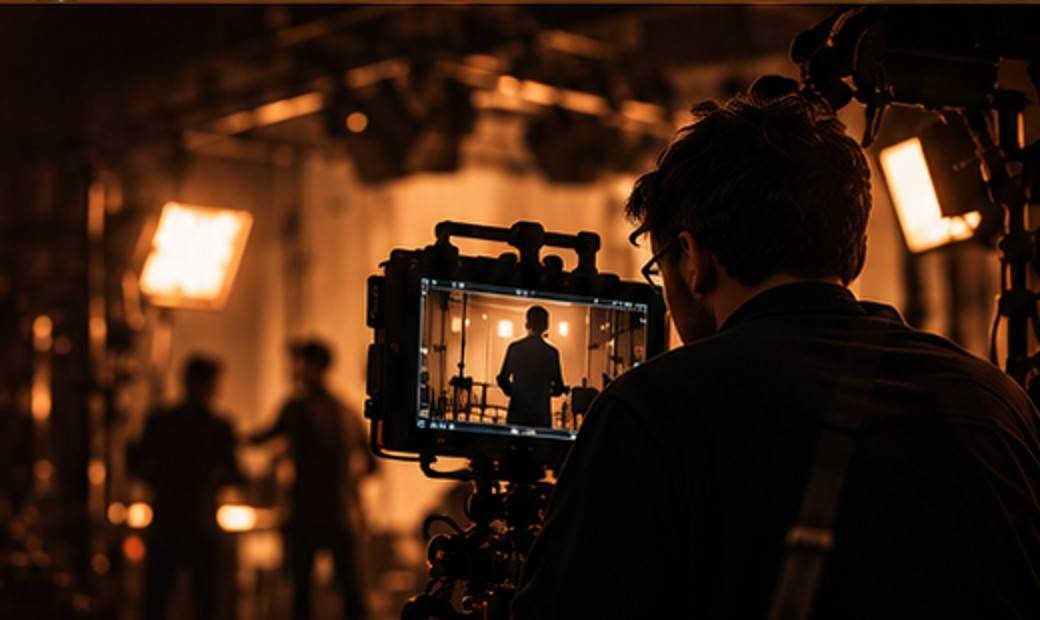 Camera monitor and crew on set